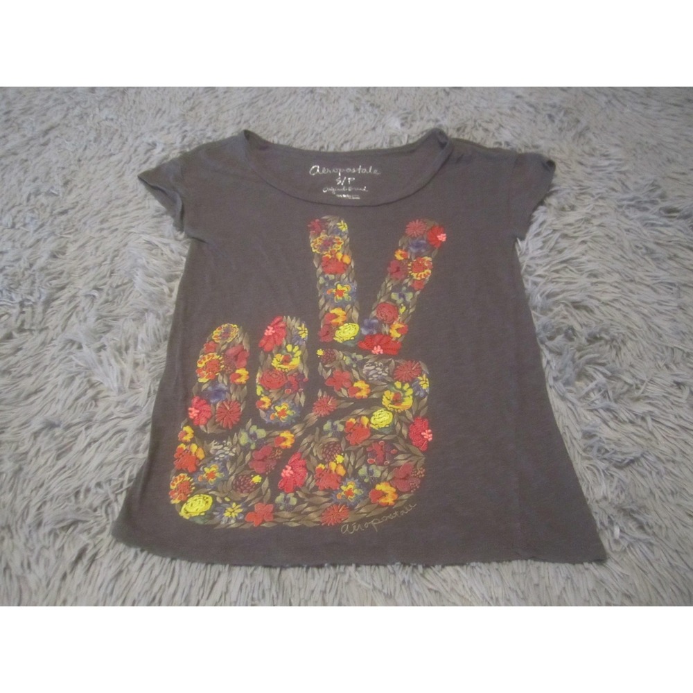 Aeropostale Shirt Juniors Small Gray Floral Peace Sign Graphic Tee Top